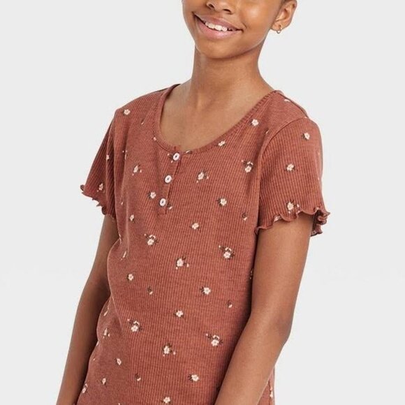 art class Other - Orange and floral Girls Short Sleeve Henley T-Shirt by art class